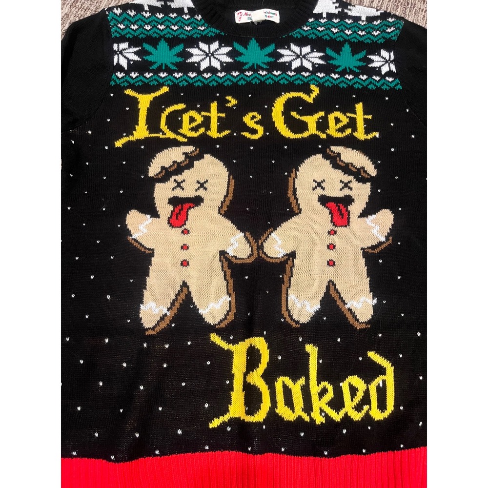 Novelty Christmas Sweater Lets Get Baked Gingerbread Black Red Large